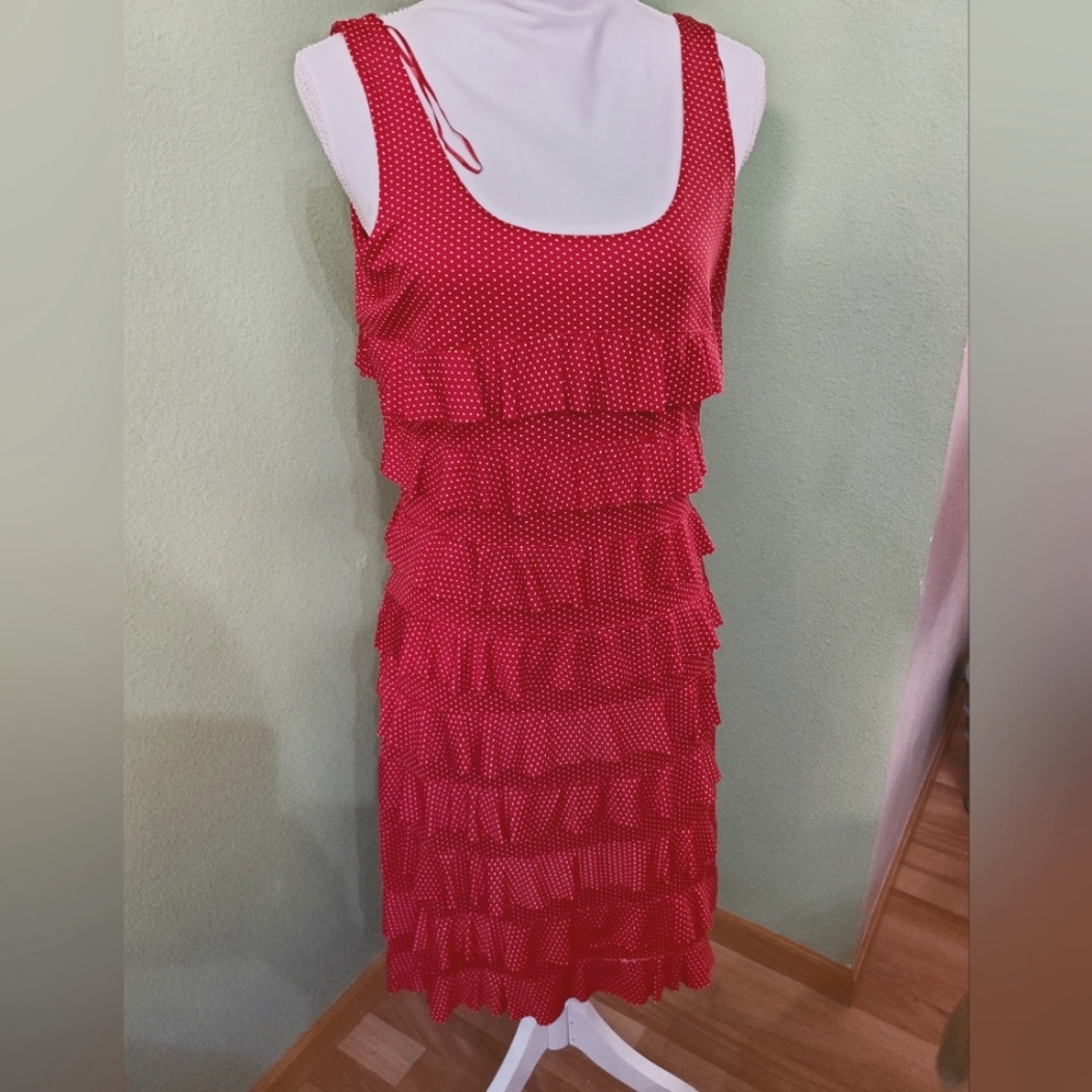 Vandana red with white polkadot medium sleeveless dress.